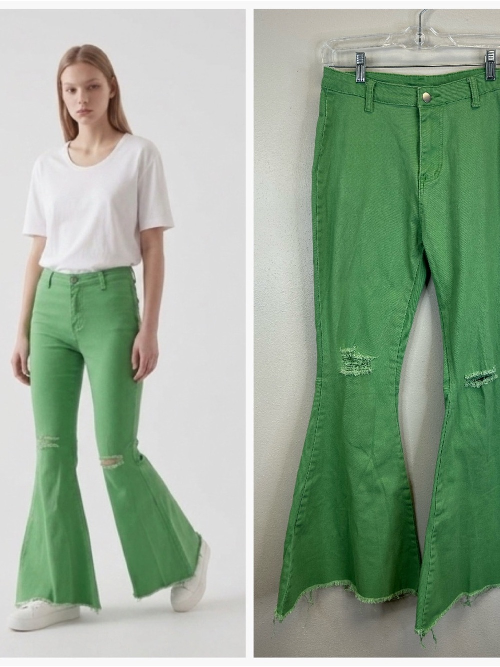 Boho Festival Hippie Bright Green Distressed Flared Jeans Size S/M Frayed Max
